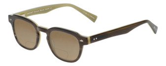 Profile View of Eyebobs Bench Mark Designer Polarized Reading Sunglasses with Custom Cut Powered Amber Brown Lenses in Brown Crystal Olive Green Ladies Cateye Full Rim Acetate 46 mm
