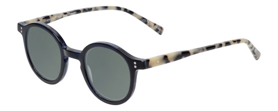 Profile View of Eyebobs Frizz Bee Designer Polarized Sunglasses with Custom Cut Smoke Grey Lenses in Black Ivory White Tortoise Havana Ladies Round Full Rim Acetate 39 mm