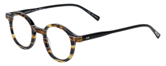 Profile View of Eyebobs Frizz Bee Designer Reading Eye Glasses with Custom Cut Powered Lenses in Brown Gold Tortoise Crystal Ivory White Stripe Ladies Round Full Rim Acetate 39 mm