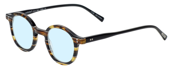 Profile View of Eyebobs Frizz Bee Designer Blue Light Blocking Eyeglasses in Brown Gold Tortoise Crystal Ivory White Stripe Ladies Round Full Rim Acetate 39 mm