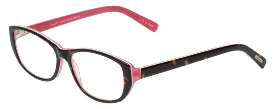 Profile View of Eyebobs Hanky Panky Designer Single Vision Prescription Rx Eyeglasses in Dark Tortoise Brown Gold Crystal Pink Ladies Cateye Full Rim Acetate 52 mm