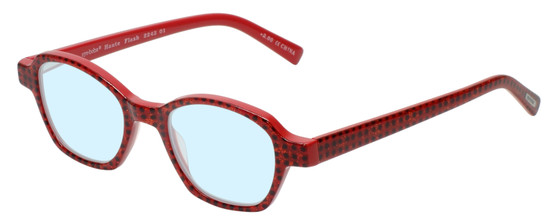 Profile View of Eyebobs Haute Flash Designer Progressive Lens Blue Light Blocking Eyeglasses in Red Glitter Black Polka Dot Ladies Square Full Rim Acetate 46 mm