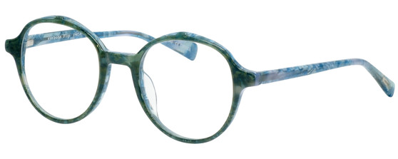 Profile View of Eyebobs Flip 2607-59 Designer Bi-Focal Prescription Rx Eyeglasses in Blue Green Marble Ladies Round Full Rim Acetate 50 mm