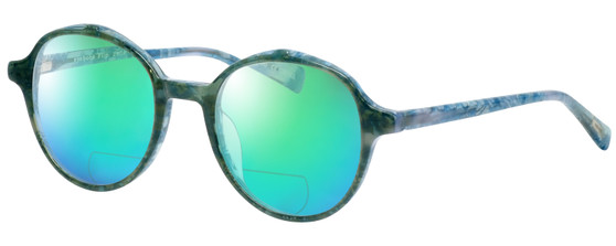 Profile View of Eyebobs Flip 2607-59 Designer Polarized Reading Sunglasses with Custom Cut Powered Green Mirror Lenses in Blue Green Marble Ladies Round Full Rim Acetate 50 mm