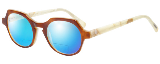 Profile View of Eyebobs Heda Letus 2744-06 Designer Polarized Reading Sunglasses with Custom Cut Powered Blue Mirror Lenses in Tortoise Marble White Horn Unisex Round Full Rim Acetate 47 mm