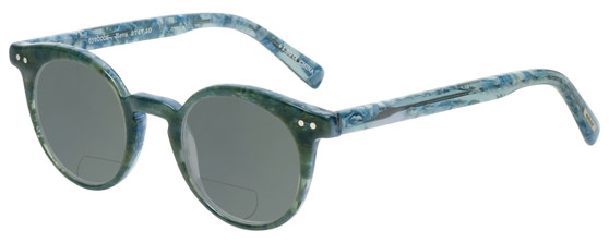 Profile View of Eyebobs Reva 2747-10 Designer Polarized Reading Sunglasses with Custom Cut Powered Smoke Grey Lenses in Green Blue Marble Unisex Cateye Full Rim Acetate 45 mm