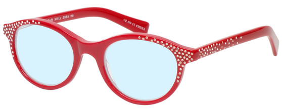 Profile View of Eyebobs Soft Kitty 2885-99 Designer Blue Light Blocking Eyeglasses in Red Crystal Rhinestones Ladies Cateye Full Rim Acetate 48 mm