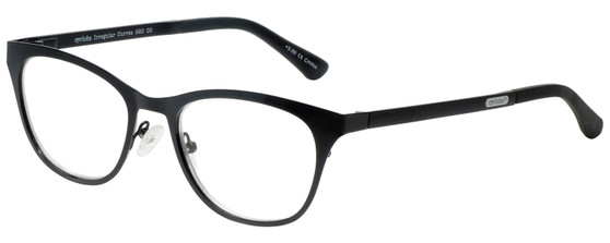 Profile View of Eyebobs Irregular Curves Designer Reading Eye Glasses with Custom Cut Powered Lenses in Gloss Black Ladies Square Full Rim Metal 51 mm