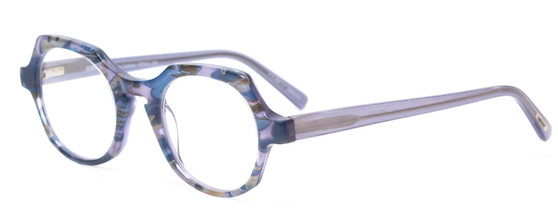 Profile View of Eyebobs Heda Letus Designer Reading Eye Glasses with Custom Cut Powered Lenses in Blue Pearl Silver Grey Marble Unisex Round Full Rim Acetate 47 mm