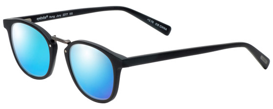 Profile View of Eyebobs Hung Jury Designer Polarized Sunglasses with Custom Cut Blue Mirror Lenses in Matte Black Unisex Round Full Rim Acetate 47 mm