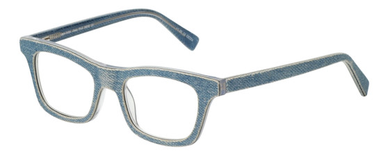 Profile View of Eyebobs Jean Pool Designer Reading Eye Glasses with Custom Cut Powered Lenses in Blue Denim Unisex Square Full Rim Acetate 45 mm