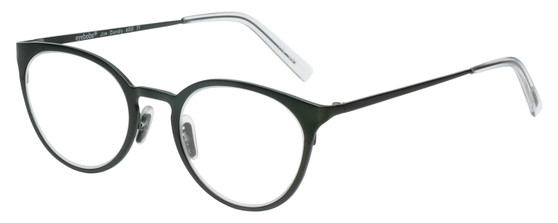 Profile View of Eyebobs Jim Dandy Designer Single Vision Prescription Rx Eyeglasses in Satin Forest Green Crystal Unisex Round Full Rim Metal 50 mm