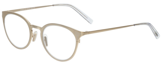 Profile View of Eyebobs Jim Dandy Designer Bi-Focal Prescription Rx Eyeglasses in Satin Gold Crystal Unisex Round Full Rim Metal 50 mm