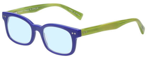Profile View of Eyebobs Losing It Designer Blue Light Blocking Eyeglasses in Purple Crystal Marble Green Ladies Square Full Rim Acetate 48 mm
