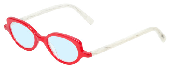 Profile View of Eyebobs Peep Show Designer Blue Light Blocking Eyeglasses in Red Crystal White Marble Ladies Cateye Full Rim Acetate 46 mm