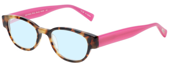 Profile View of Eyebobs Rita Book Designer Progressive Lens Blue Light Blocking Eyeglasses in Blonde Tortoise Havana Brown Gold Pink Ladies Round Full Rim Acetate 47 mm