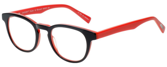 Profile View of Eyebobs Take A Stand Designer Progressive Lens Prescription Rx Eyeglasses in Black Layer Red Ladies Cateye Full Rim Acetate 47 mm