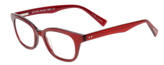 Profile View of Eyebobs Touche Designer Reading Eye Glasses with Custom Cut Powered Lenses in Ruby Red Crystal Glitter Layer Burgundy Ladies Cateye Full Rim Acetate 48 mm