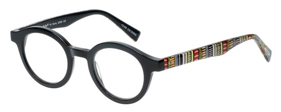 Profile View of Eyebobs TV Party Designer Reading Eye Glasses with Custom Cut Powered Lenses in Gloss Black Tribal Stripes Unisex Round Full Rim Acetate 44 mm