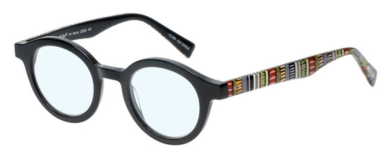 Profile View of Eyebobs TV Party Designer Progressive Lens Blue Light Blocking Eyeglasses in Gloss Black Tribal Stripes Unisex Round Full Rim Acetate 44 mm