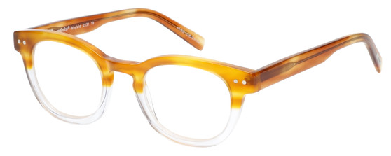 Profile View of Eyebobs Waylaid Designer Single Vision Prescription Rx Eyeglasses in Amber Brown Horn Marble Fade Crystal Ladies Round Full Rim Acetate 46 mm