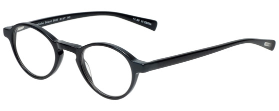 Profile View of Eyebobs Board Stiff Designer Reading Eye Glasses with Custom Cut Powered Lenses in Gloss Black Ladies Round Full Rim Acetate 42 mm