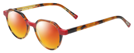 Profile View of Eyebobs Cheap Therapy Designer Polarized Sunglasses with Custom Cut Red Mirror Lenses in Brown Red Gold Tortoise Havana Ladies Round Full Rim Acetate 45 mm