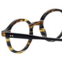 Close Up View of Eyebobs Frizz Bee Designer Reading Eye Glasses with Single Vision Prescription Rx Lenses in Brown Gold Tortoise Crystal Ivory White Stripe Ladies Round Full Rim Acetate 39 mm