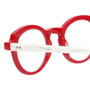 Close Up View of Eyebobs Cabaret 2296-01 Designer Reading Eye Glasses with Custom Cut Powered Lenses in Red White Crystal Marble Ladies Round Full Rim Acetate 40 mm