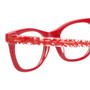 Close Up View of Eyebobs Florence 2746-01 Designer Reading Eye Glasses with Custom Cut Powered Lenses in Red Crystal Ladies Cateye Full Rim Acetate 47 mm