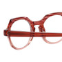 Close Up View of Eyebobs Heda Letus 2744-01 Designer Bi-Focal Prescription Rx Eyeglasses in Red Pink Stripe Crystal Ladies Round Full Rim Acetate 47 mm