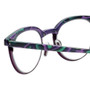 Close Up View of Eyebobs Low Hanging Fruit 3159-52 Designer Reading Eye Glasses with Custom Cut Powered Lenses in Purple Green Marble Swirl Ladies Round Full Rim Acetate 50 mm