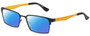 Profile View of Eyebobs Protractor Designer Polarized Reading Sunglasses with Custom Cut Powered Blue Mirror Lenses in Gun Metal Black Mustard Yellow Unisex Square Full Rim Metal 54 mm