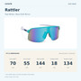 Coyote RATTLER Teal White / Blue Shift Mirror size guide: frame width 144 mm, lens height 55 mm, lens width 70 mm, bridge width 18 mm, temple length 134 mm. Lens width is not the full shield width.