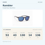 Coyote RAMBLER Crystal Gray / Blue Mirror size guide: frame width 130 mm, lens height 43 mm, lens width 53 mm, bridge width 14 mm, temple length 136 mm.