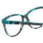 Close Up View of Eyebobs Myrna Designer Reading Eye Glasses with Custom Left and Right Powered Lenses in Black Turquoise Blue Marble Tortoise Havana Grey Ladies Cateye Full Rim Acetate 54 mm