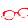 Close Up View of Eyebobs Peep Show Designer Reading Eye Glasses with Custom Left and Right Powered Lenses in Red Crystal White Marble Ladies Cateye Full Rim Acetate 46 mm