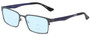 Profile View of Eyebobs Protractor Designer Progressive Lens Blue Light Blocking Eyeglasses in Gun Metal Black Matte Navy Blue Unisex Square Full Rim Metal 54 mm with Blue Light Zone functionality illustration laid over the lens