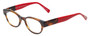 Profile View of Eyebobs Rita Book Designer Reading Eye Glasses with Custom Cut Powered Lenses in Tortoise Havana Brown Gold Red Ladies Round Full Rim Acetate 47 mm