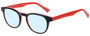 Profile View of Eyebobs Take A Stand Designer Progressive Lens Blue Light Blocking Eyeglasses in Black Layer Red Ladies Cateye Full Rim Acetate 47 mm