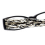 Close Up View of Eyebobs Thick Eye Designer Reading Eye Glasses with Custom Left and Right Powered Lenses in Gloss Black Mosaic Crystal White Ladies Rectangle Full Rim Acetate 50 mm