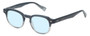 Profile View of Eyebobs Bench Mark Designer Progressive Lens Blue Light Blocking Eyeglasses in Grey Fade Crystal Stripe Ladies Cateye Full Rim Acetate 46 mm