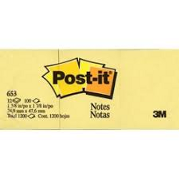 Post It Notes 653 Yellow 34.9 x 47.6mm 3M 12 Pads x 100 sheets PK12