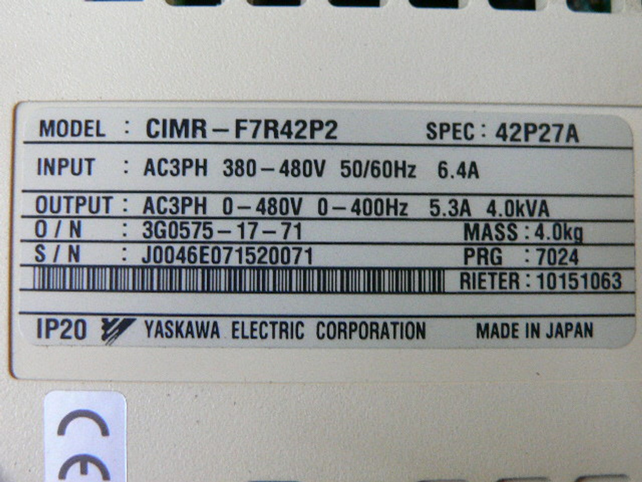 Rieter Yaskawa CIMR-F7R42P2 CIMR-F7U42P2 SPEC 42P27A VFD Fen  Industrial