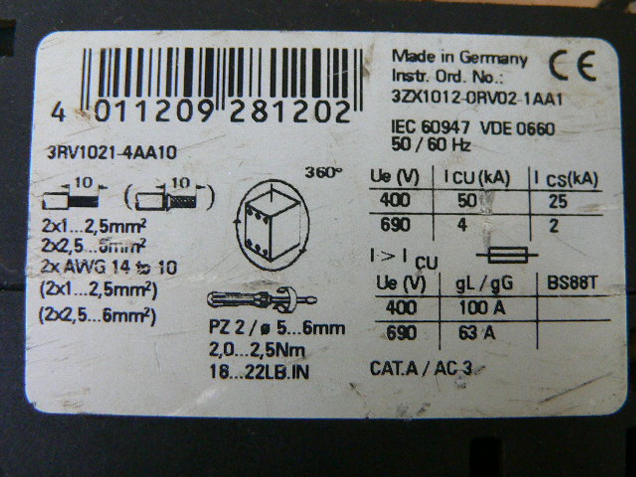 SIEMENS 3RV10214AA10 CIRCUIT BREAKER Fen Industrial