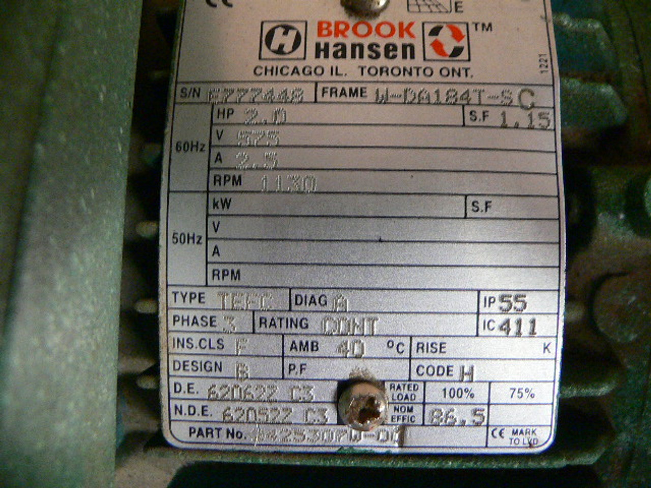 Brook Hansen 2425307W00 E77748 Typ Tefc 2Hp 575V Electric Motor Fen