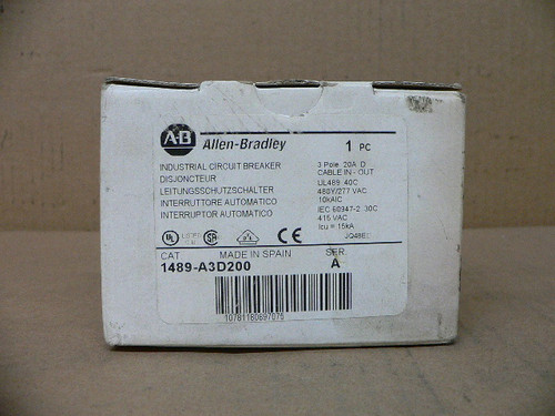 Allen Bradley 1489-A3d200 Industrial Circuit Breaker 3P 20A 480Y/277 Brand New