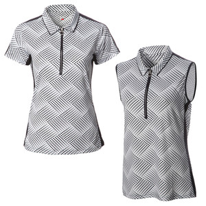 JRB Women's Golf Fashion Shirt - White Spot Print - Sleeved or Sleeveless JRB Women's Golf Fashion Shirt - White Spot Print - Sleeved or Sleeveless