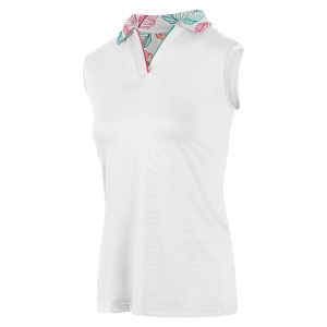 IGLTS2299 - Ladies Leaf Print Back & Collar Sleeveless Polo Shirt-white IGLTS2299 - Ladies Leaf Print Back & Collar Sleeveless Polo Shirt-white