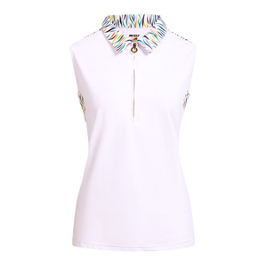 JRB Women's Golf Shirt - White With Sapphire Blue Print - Sleeved Or Sleeveless JRB Women's Golf Shirt - White With Sapphire Blue Print - Sleeved Or Sleeveless